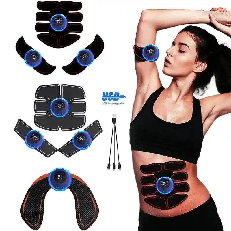 Black EMS muscle stimulator pads with blue LED digital control units, USB charging cables, and a woman wearing pads.