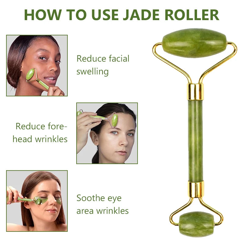 Green jade dual-ended face roller with gold-tone hardware, shown being used on different areas of the face.