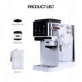 Cafovo white automatic espresso machine with touchscreen, milk frother, and extraction cube accessories.