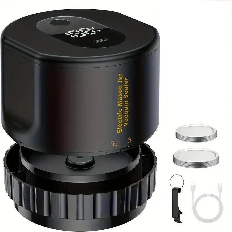 Black electric mason jar vacuum sealer with lid and sealing ring set