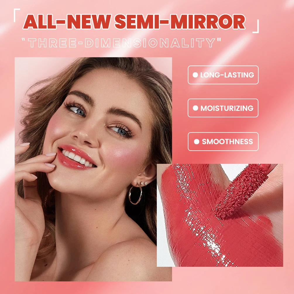 QIBEST long-lasting watery lip glaze with a glossy, moisturizing semi-mirror finish and vibrant coral red color.