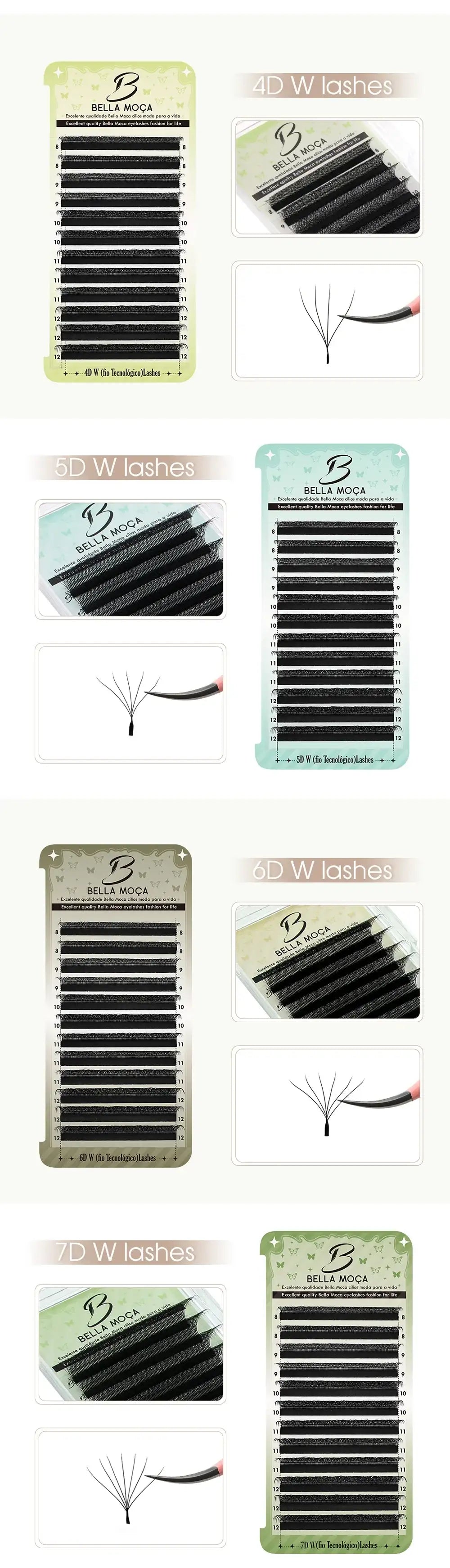 Collage of black Bella Moça volume lash trays in 4D, 5D, 6D, and 7D styles with detailed lash cluster close-ups.
