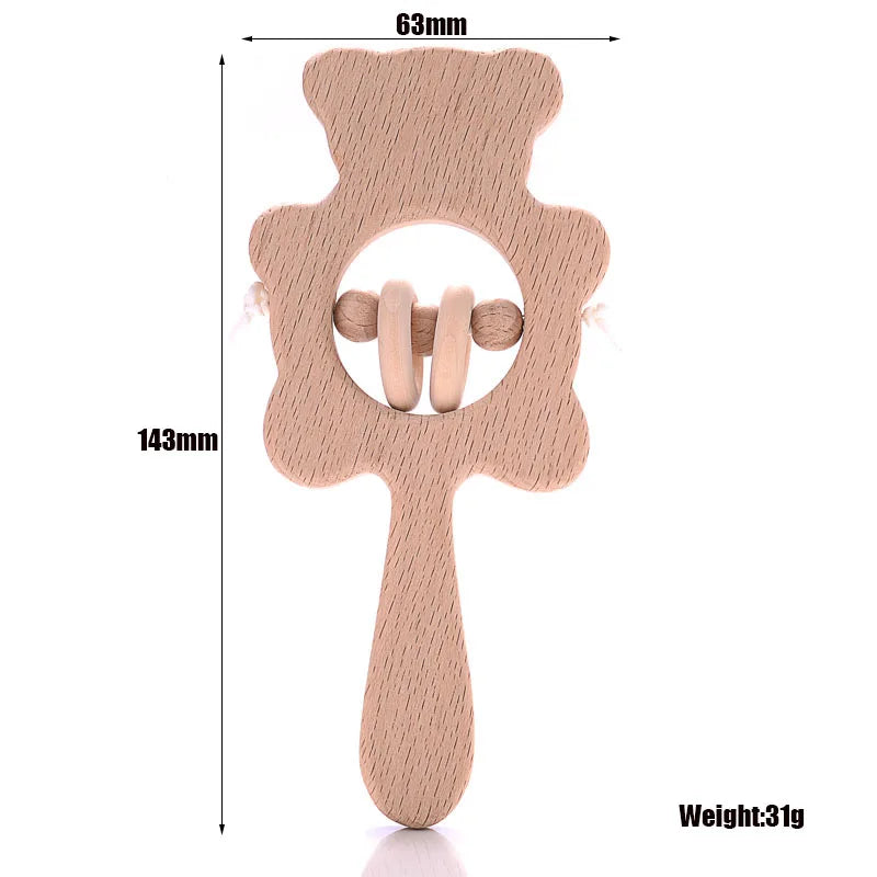 Natural wood bear baby teething toy in beige for soothing infant pain.