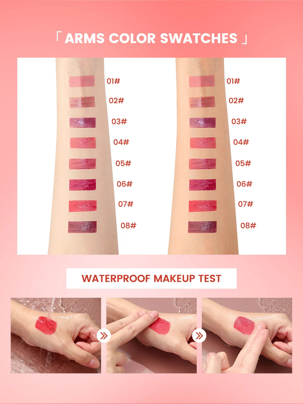 QIBEST 8-color watery lip glaze swatches showing glossy, long-lasting, waterproof texture on skin.