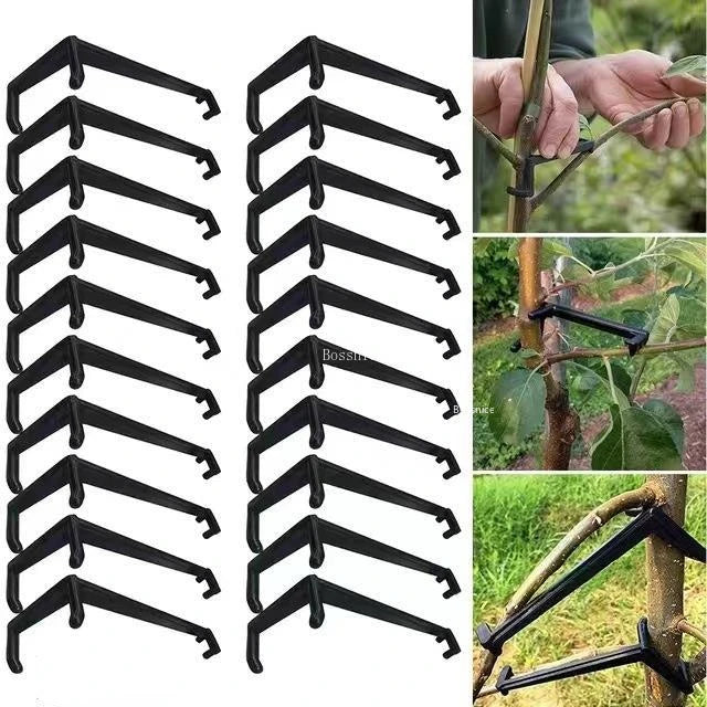 Multiple black twisting clips with V-shaped hooks for vine and branch training