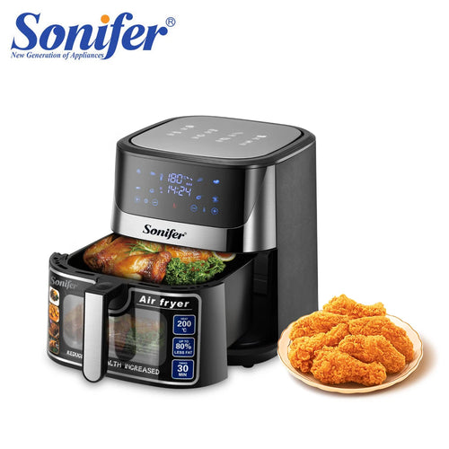 Air fryer with LED touch control panel and see-through window, with basket pulled open