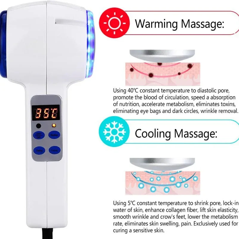 White handheld hammer-shaped face massager with a digital temperature display and blue LED light therapy head.