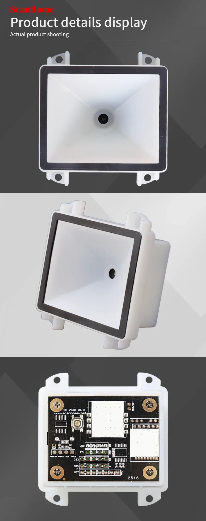 Barcode scanner front bezel and PCB board detail with integrated lens window