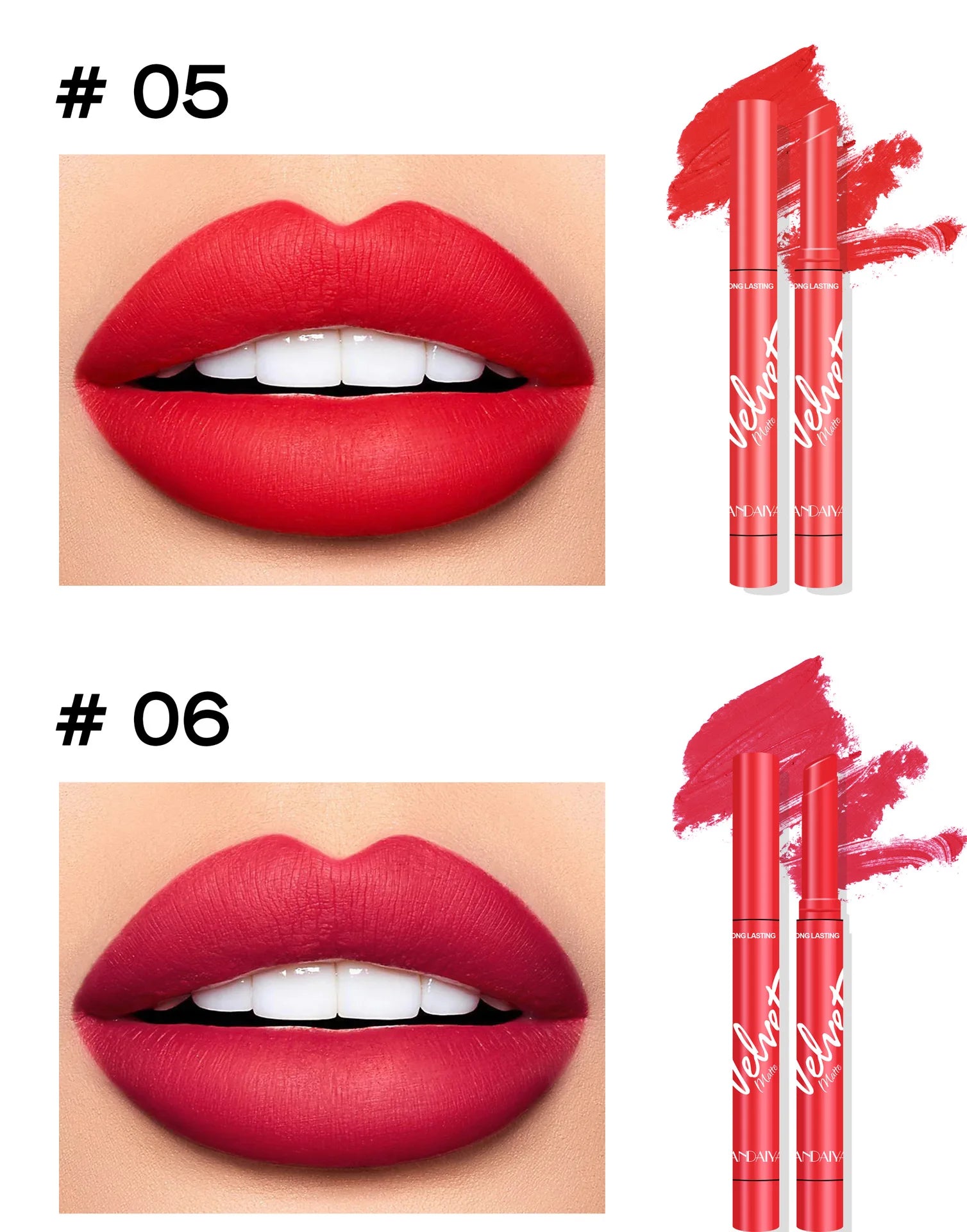 Long-lasting velvet matte lipstick set in red and berry shades with slim, elegant casing for a bold Korean lip look.