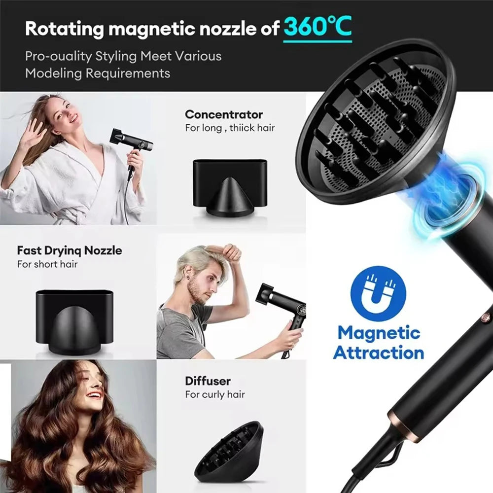 Black 1800W high-speed hair dryer with 360° magnetic nozzles, diffuser, and concentrator for professional salon styling.