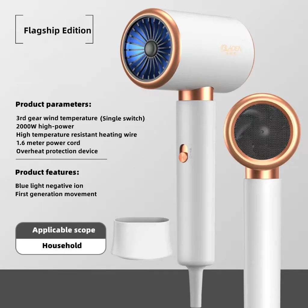 White and rose gold high-speed ionic hair dryer with nozzle attachment for fast, salon-quality professional styling.