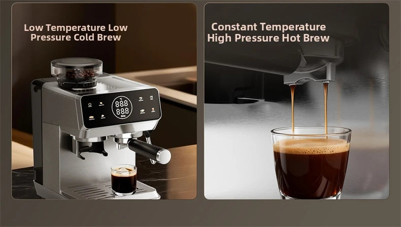 Stainless steel espresso machine with digital display, coffee grinder, and cold or hot brew settings for home use.