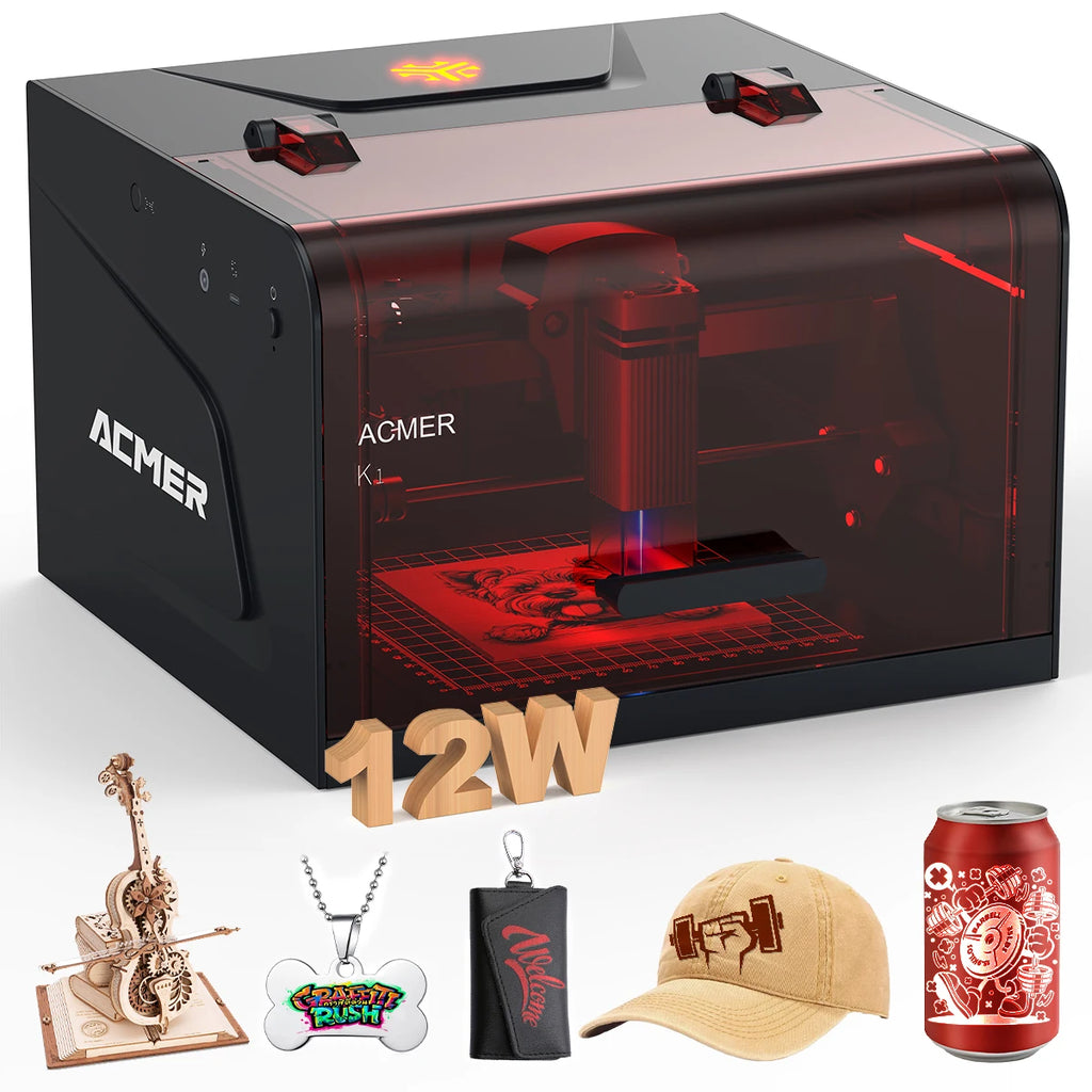 ACMER K1 12W Mini Portable 12000mW 150*150mm Work Area Closed Laser Engraver Cutting Machine CNC Machine DIY Logo Marking Machine Painted Paper Leather Wood Acrylic Leather