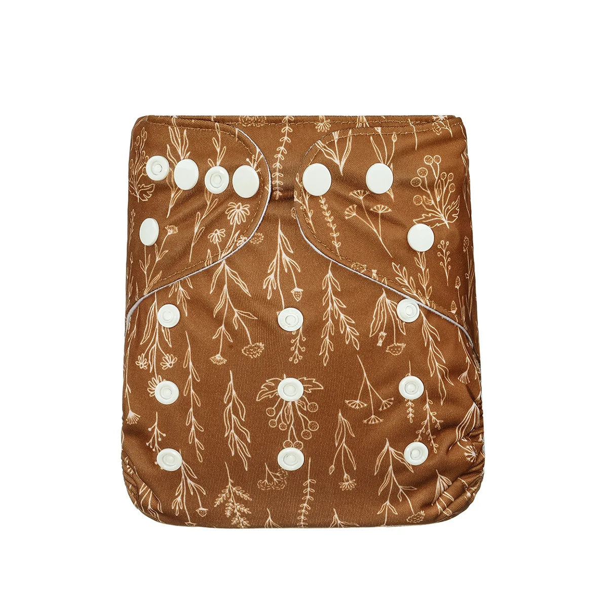Reusable cloth baby diaper with brown floral botanical print and adjustable snap buttons.