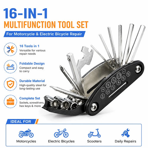 16-in-1 folding multi tool set with screwdriver and hex key bits for bikes