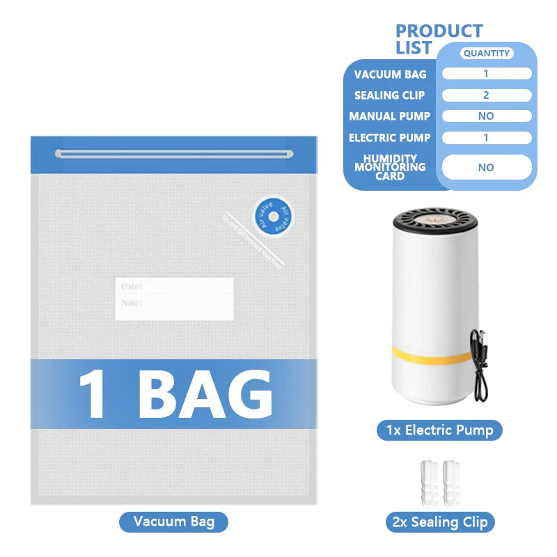 Vacuum sealing bag set for 1 bag with electric air pump and sealing clips