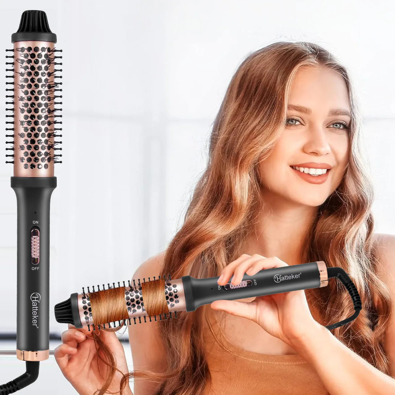 Hatteker rose gold electric curling brush for styling hair with an anti-scald design for effortless inner curls.