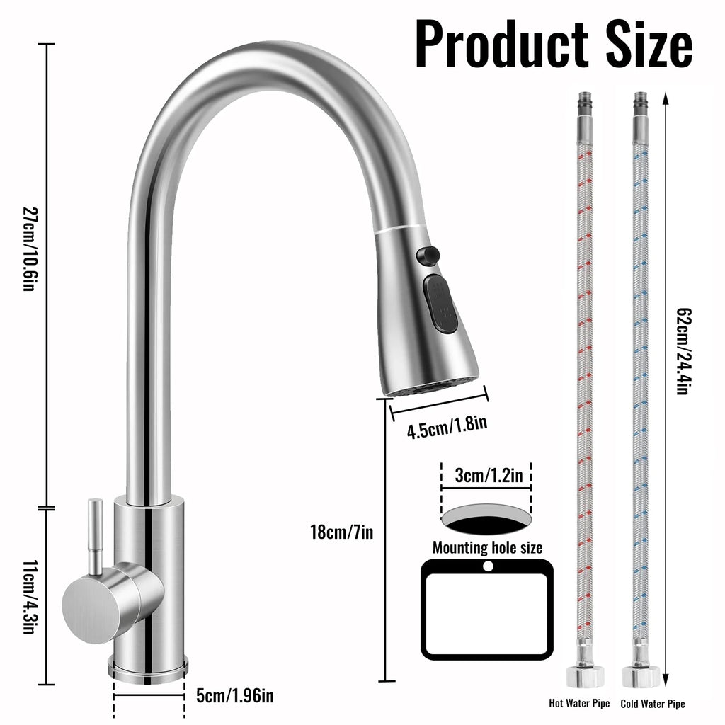 Stainless Steel Faucet Kitchen Faucet Sink Faucet with Pull Down Sprayer Hot and Cold Dual Control Bar Sink Faucet Rotation Faucet Showerhead and Bubble Water Flow