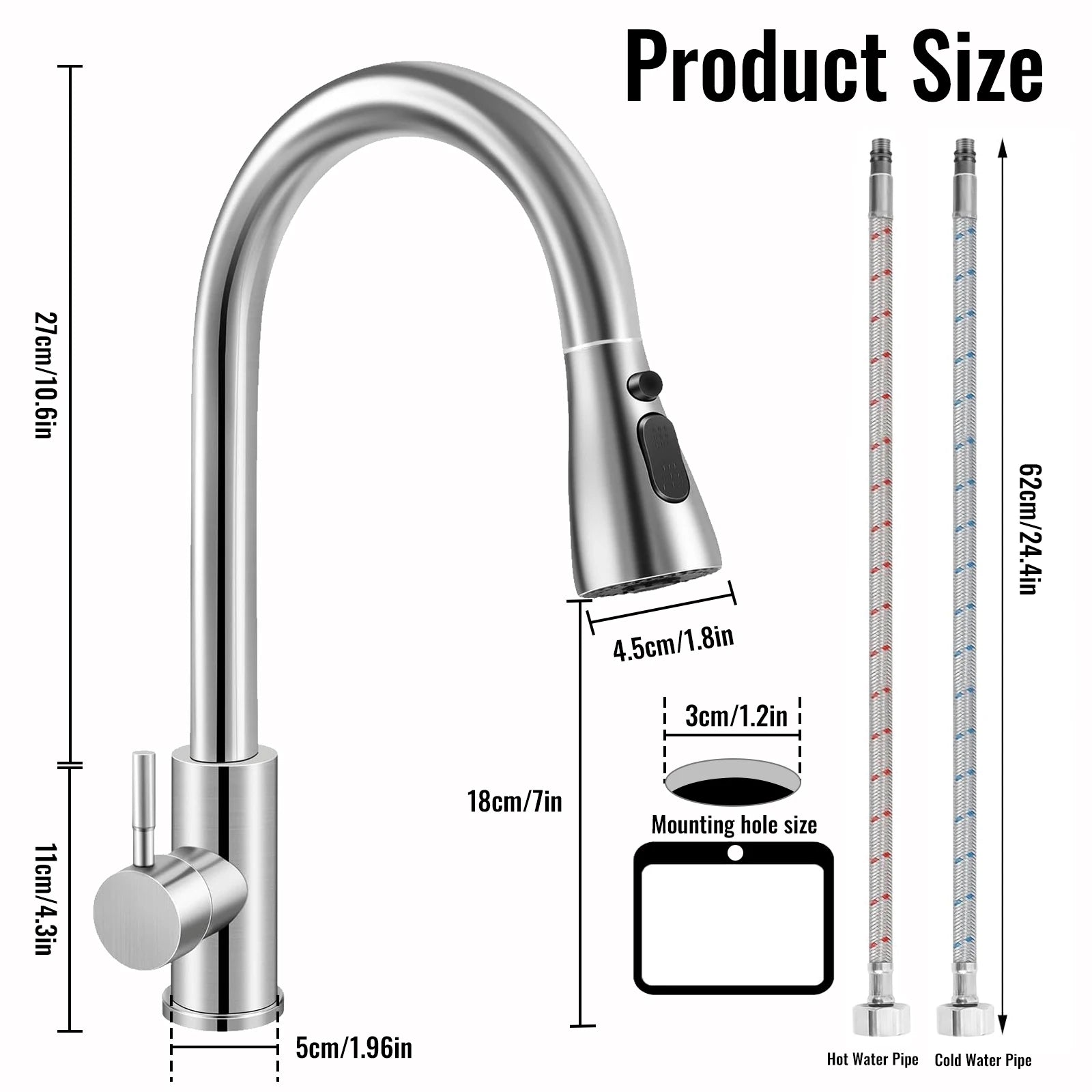 Stainless Steel Faucet Kitchen Faucet Sink Faucet with Pull Down Sprayer Hot and Cold Dual Control Bar Sink Faucet Rotation Faucet Showerhead and Bubble Water Flow
