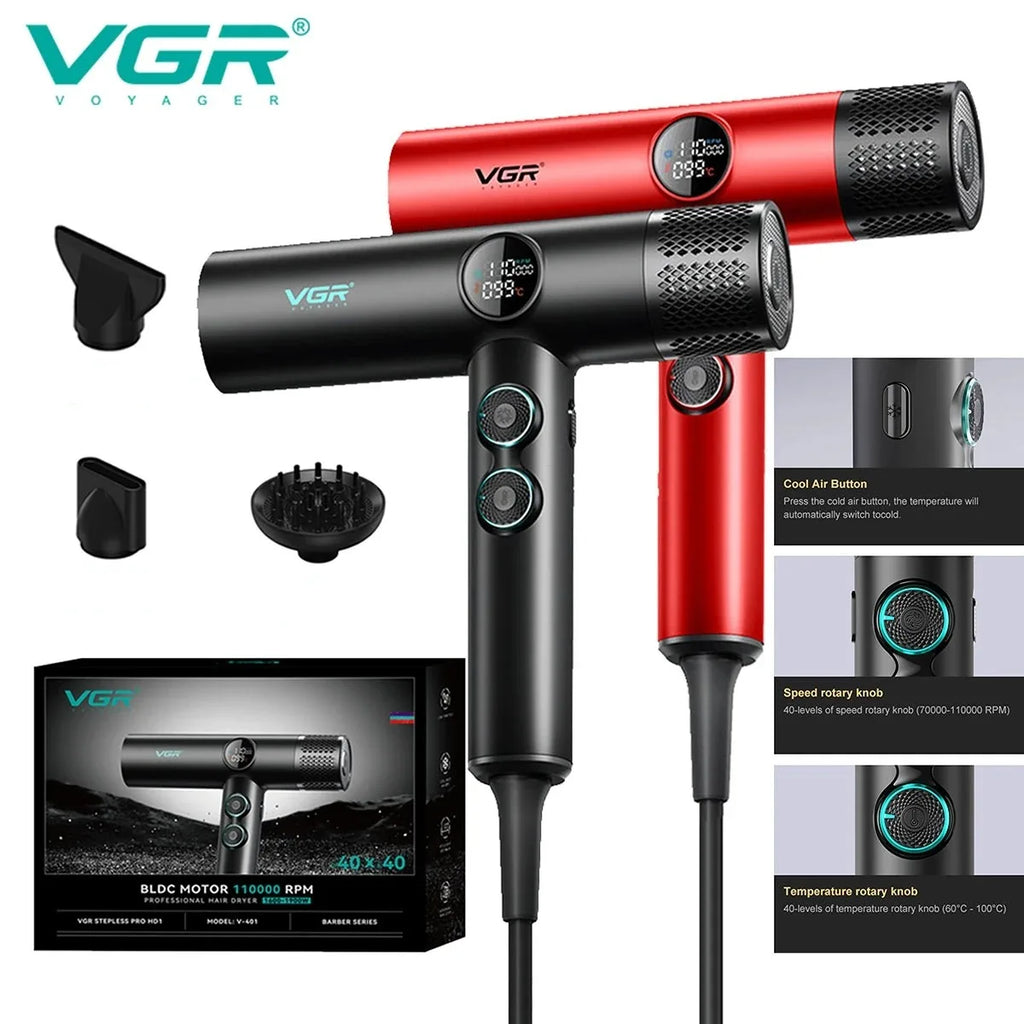 VGR V-401 professional leafless hair dryer in black and red with LCD display, attachments, and high-speed BLDC motor.