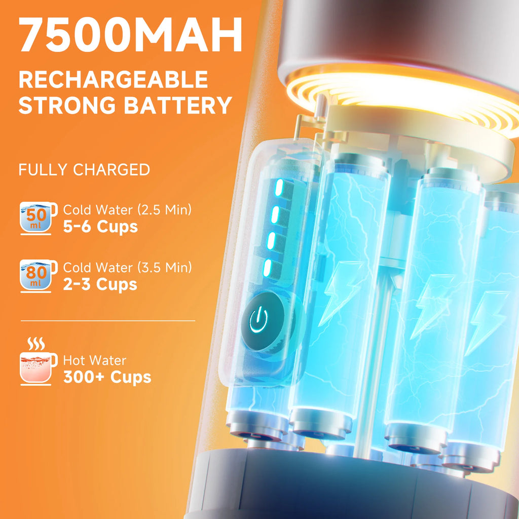 Portable coffee maker with 7500mAh rechargeable battery showing capacity stats for cold and hot water brewing.