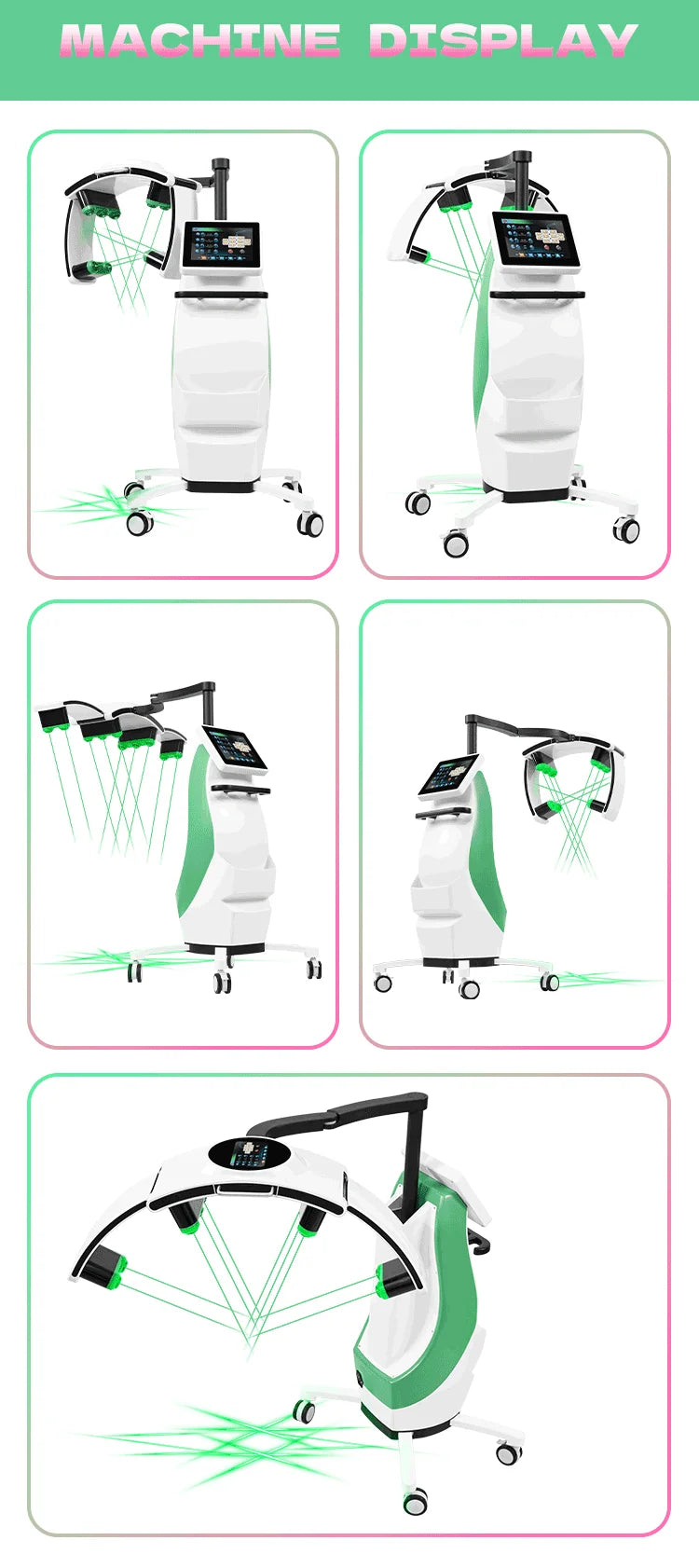 Standing LLLT laser fat removal machine with white and green body, touch screen control, and adjustable light arms.