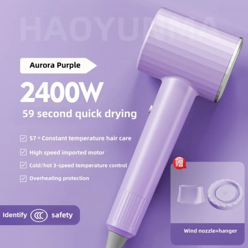 Aurora Purple 2400W ionic hair dryer with magnetic nozzle, hanger, and 3-speed heat control for fast salon-style drying.