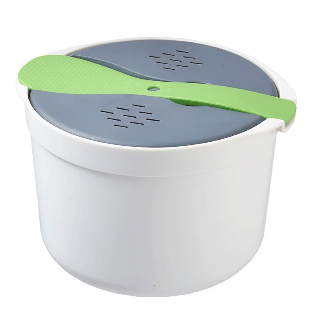 Microwave rice cooker steamer pot, white body with dark gray vented lid and green handle