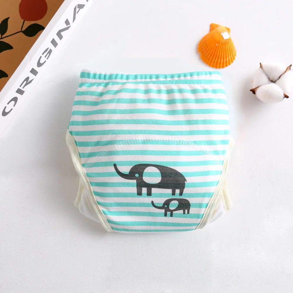 Blue and white striped baby training diaper with elephant print. Comfortable cotton baby care underwear.