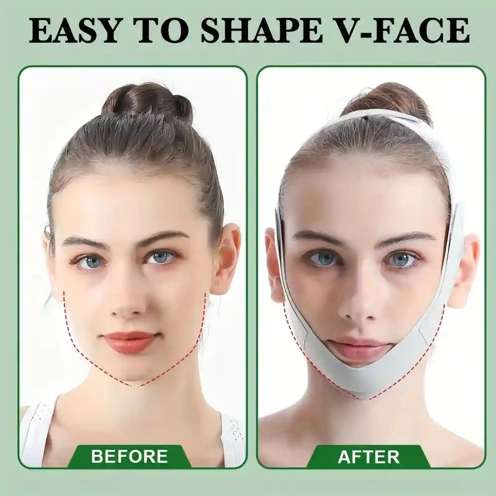 Before and after comparison of a woman wearing a light gray, adjustable V-line face slimming strap for jawline lift.