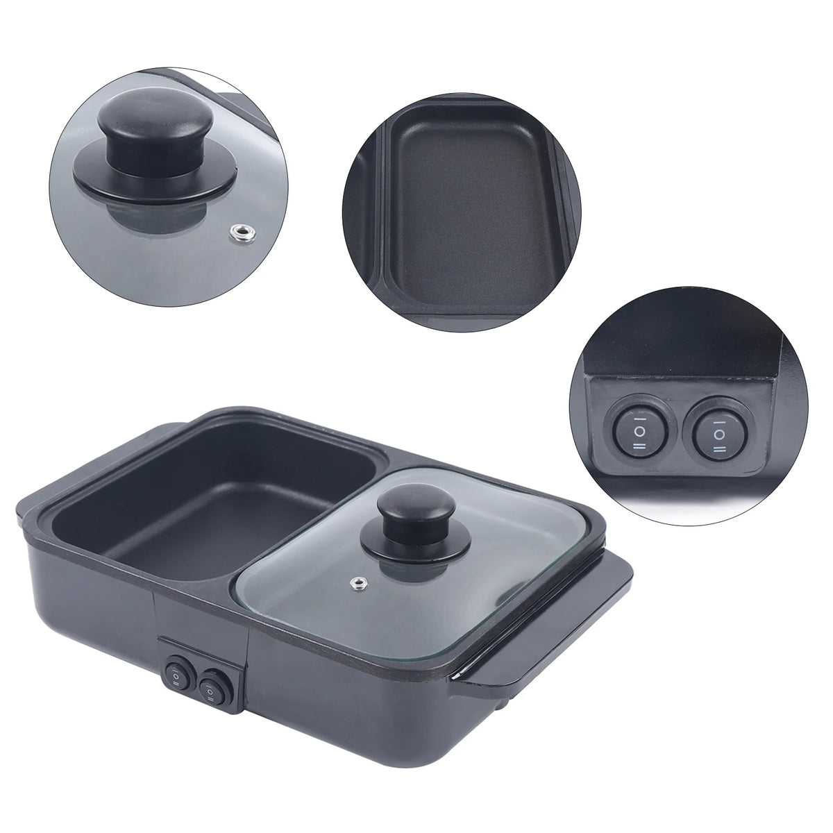 Black dual hot pot and grill with lid and two temperature control knobs