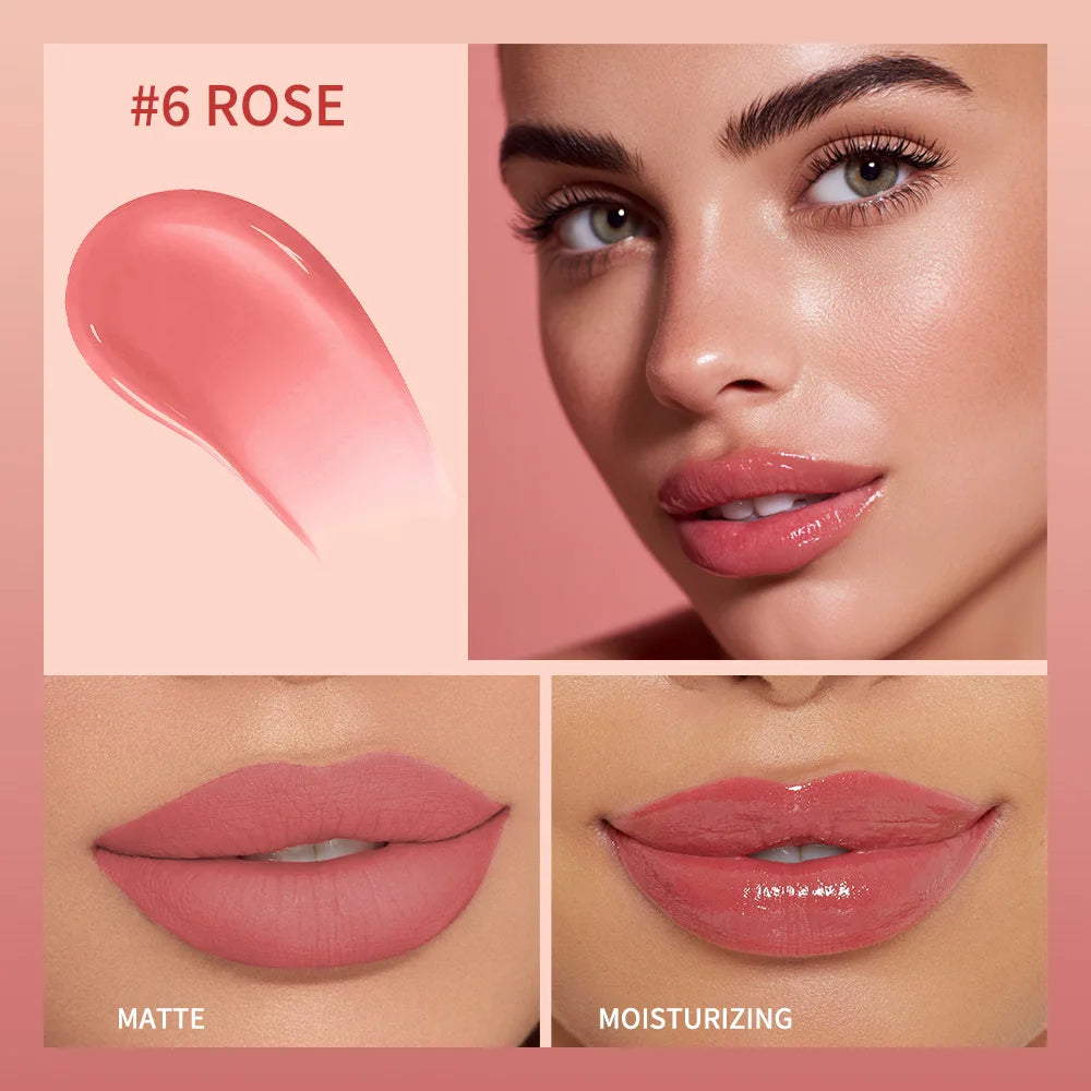 Lakerain #6 Rose lip oil swatch and model wearing non-sticky, moisturizing glossy finish and smooth matte lip makeup.