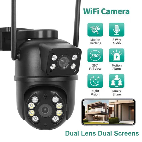Black PTZ outdoor WiFi security camera with dual-lens module and two antennas