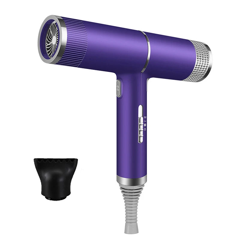 Purple leafless hair dryer with concentrator nozzle, intelligent temperature control, and negative ion technology.