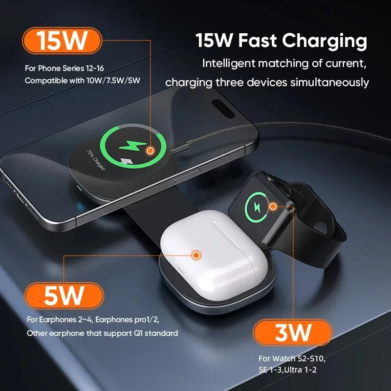 3-in-1 Wireless Travel Charger: Foldable MagSafe Compatible Dock Tidesmit