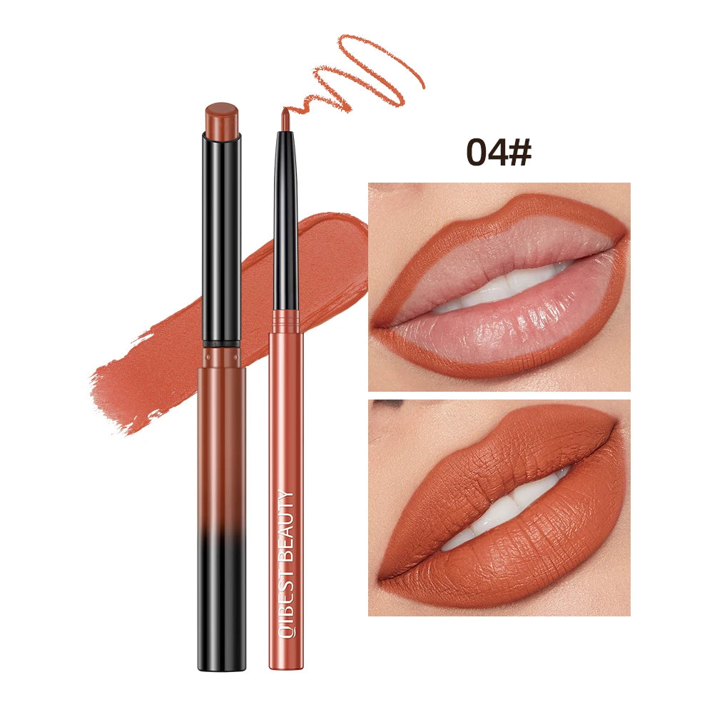 QIBEST 2pcs matte nude lipstick and lip liner set in terracotta shade 04 with waterproof, long-lasting finish.