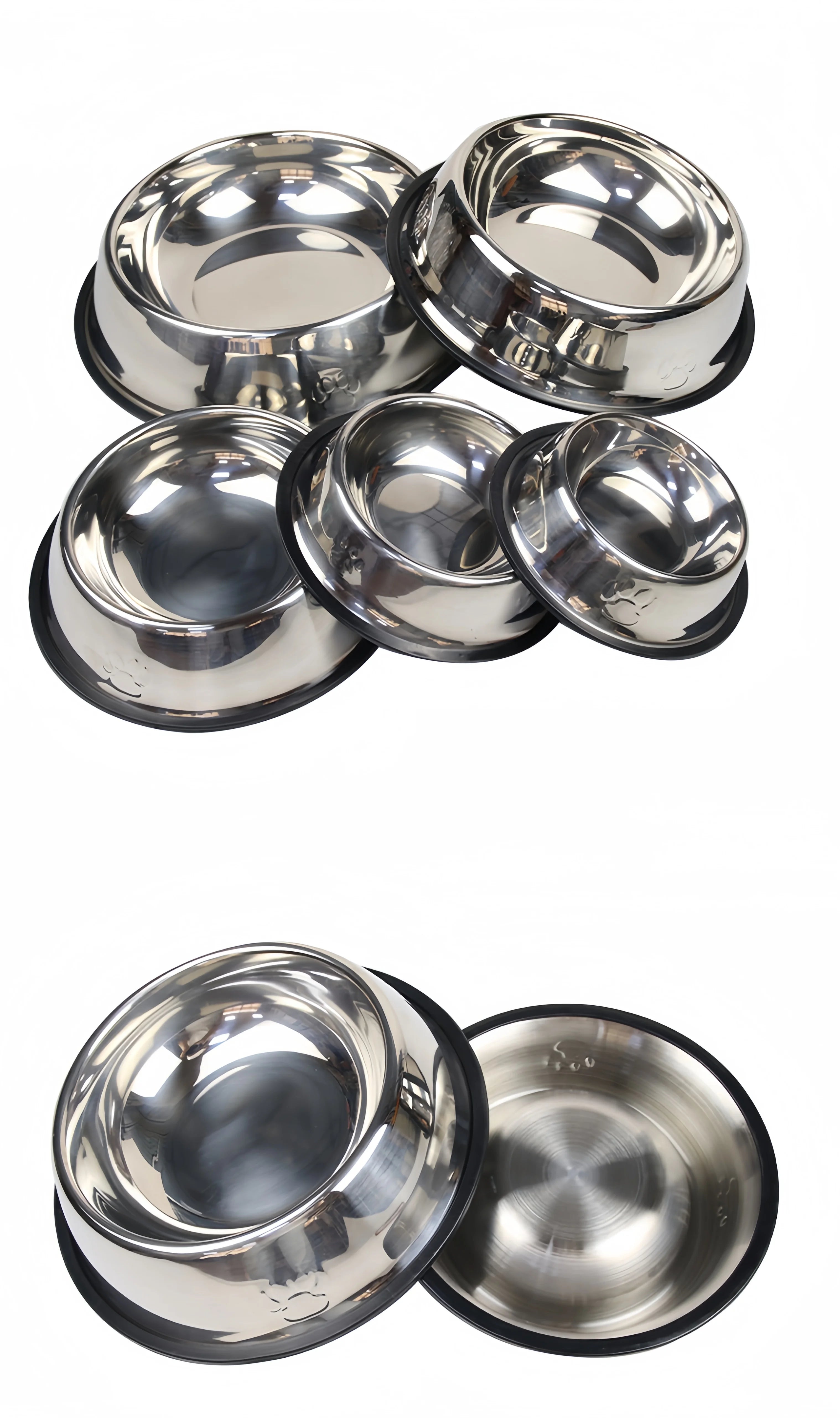 Durable stainless steel dog and cat feeding bowls in various sizes for easy-to-clean, hygienic pet food and water access.