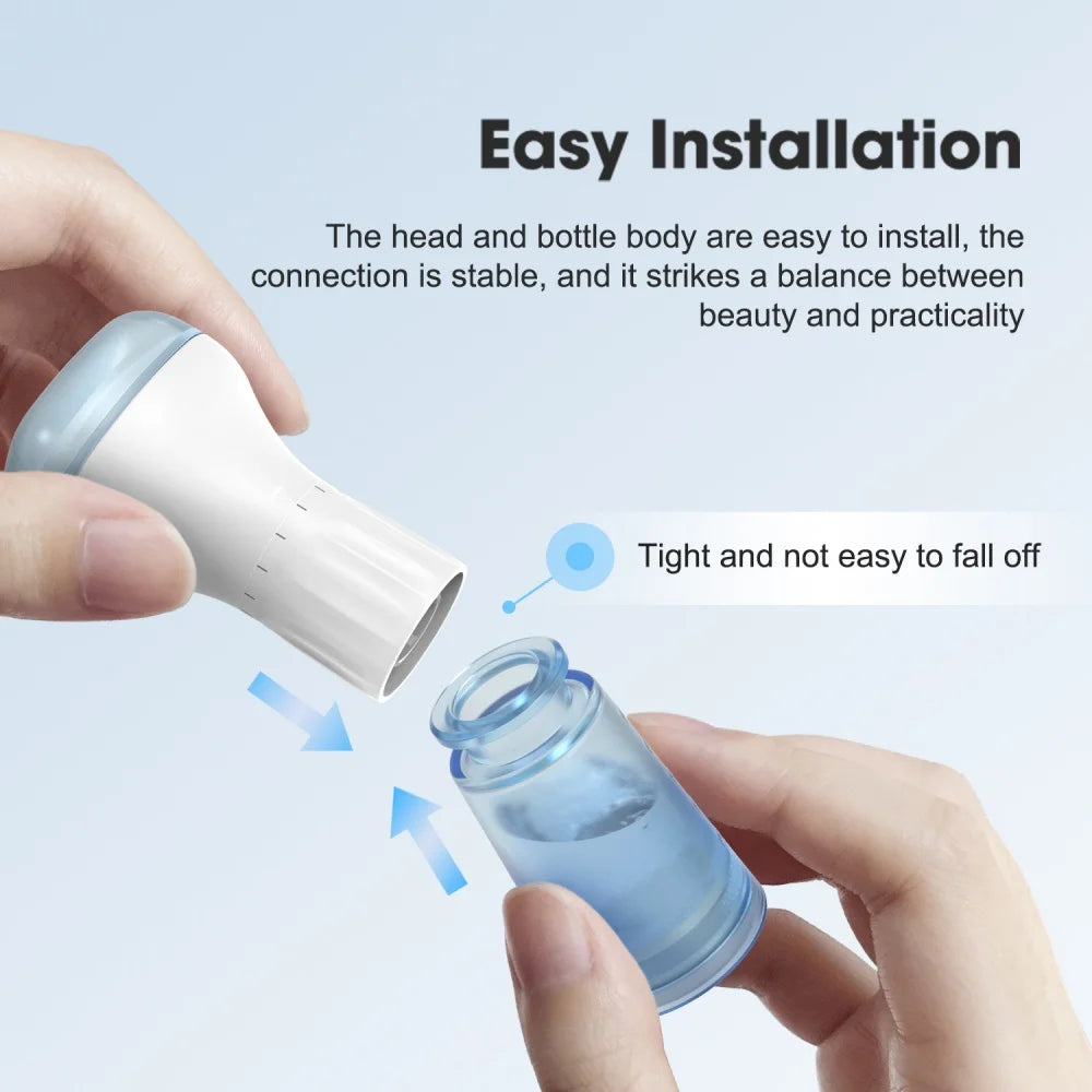 S2 140-pin derma stamp microneedle tool with serum container for scalp, hair, and skin, white and blue design.