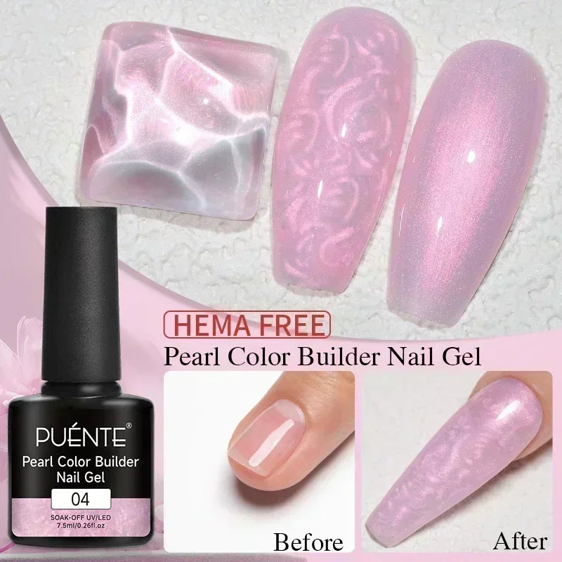 Pearl color builder nail gel in a 7.5ml black bottle, shown with pink pearlescent swatches and a before-after