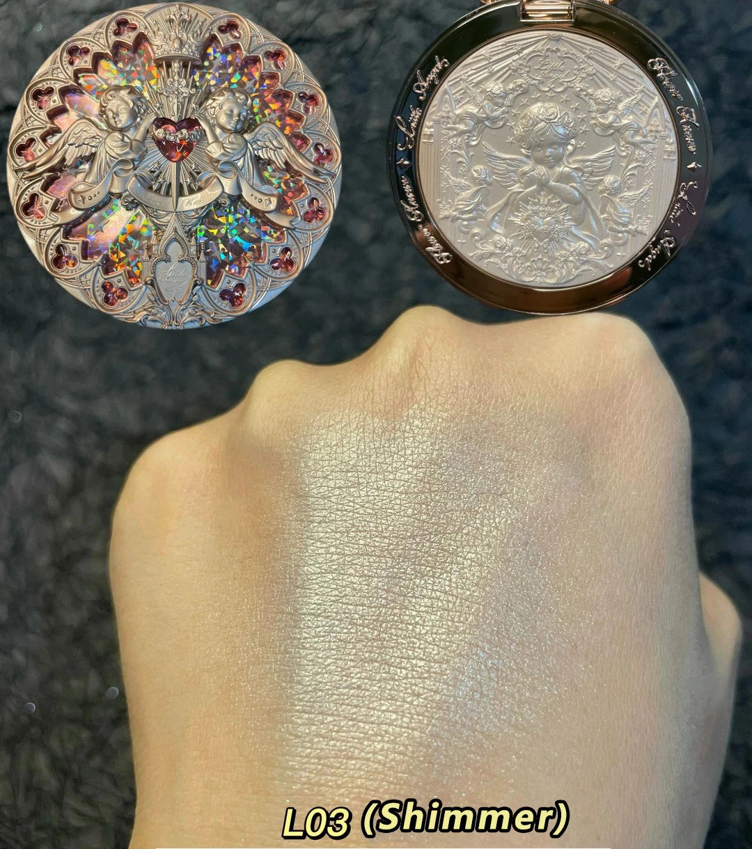 Tidesmit Flower Knows Little Angel embossed glitter highlighter palette shade swatch for shimmering face makeup