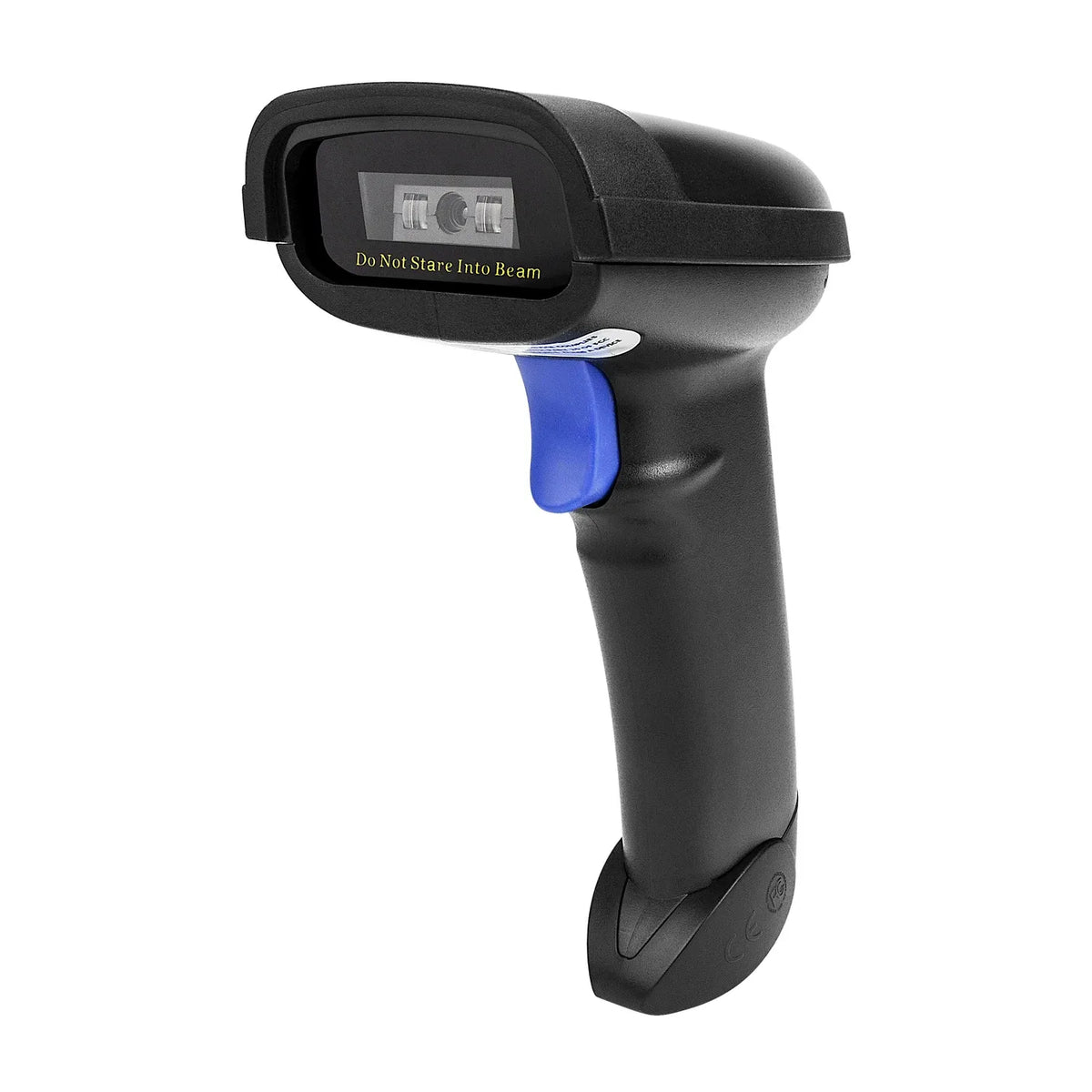 Black wired 2D barcode scanner with blue status indicator and display window