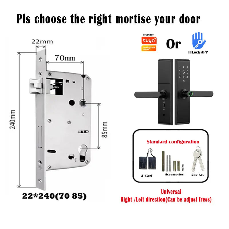 Keyless Tuya Bluetooth APP Digital Biometric Fingerprint Electric Smart Door Handle Key Card Lock with 5050 72 85 Mortise