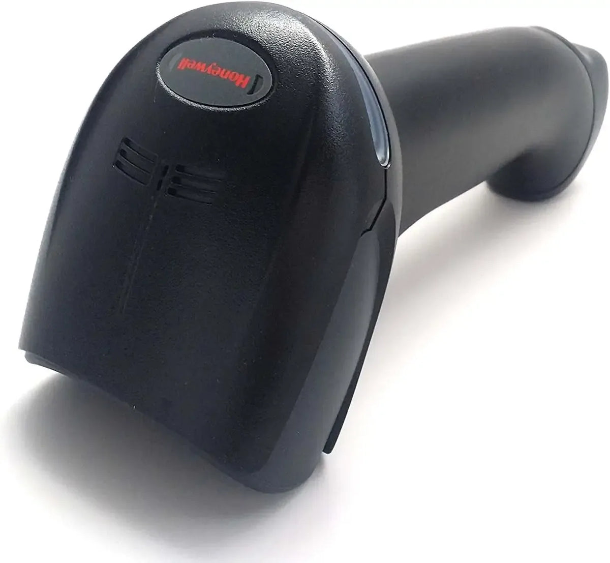 2D handheld barcode scanner with black rugged body and red logo window