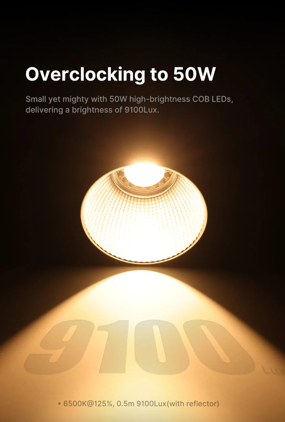 50W COB LED light with a reflective bowl casting a bright, warm beam onto a surface showing the text 9100 Lux.