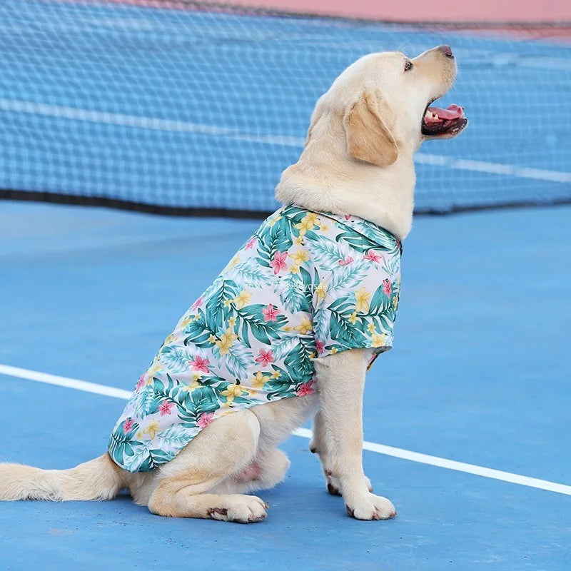 Cute dog wearing a breathable, tropical Hawaiian-style summer T-shirt, perfect for medium and large dogs.