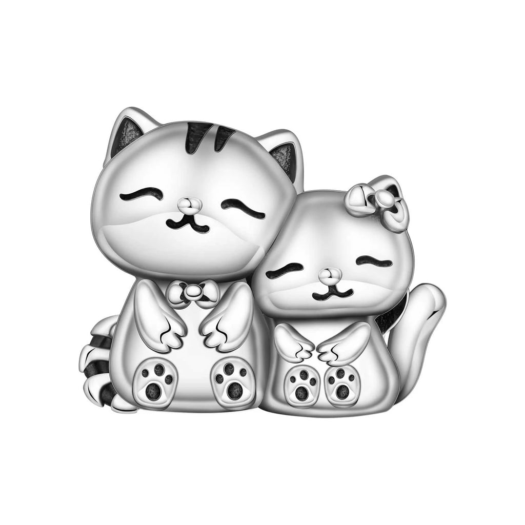 925 Sterling Silver cat charm bead with cute bows for DIY bracelets, perfect pet-themed jewelry gift for animal lovers.