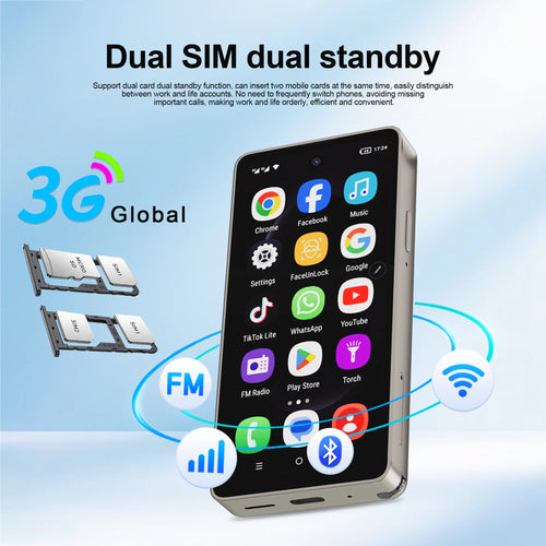 Silver SERVO mini smartphone with dual SIM, 3G, Android, 4-inch display, and built-in stylus icon.