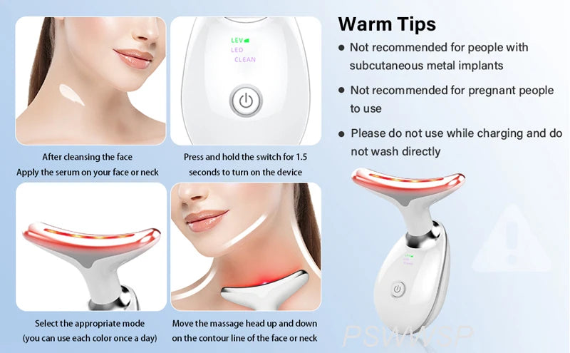White, T-shaped facial and neck massage device with an LED light head for skin toning and serum absorption.