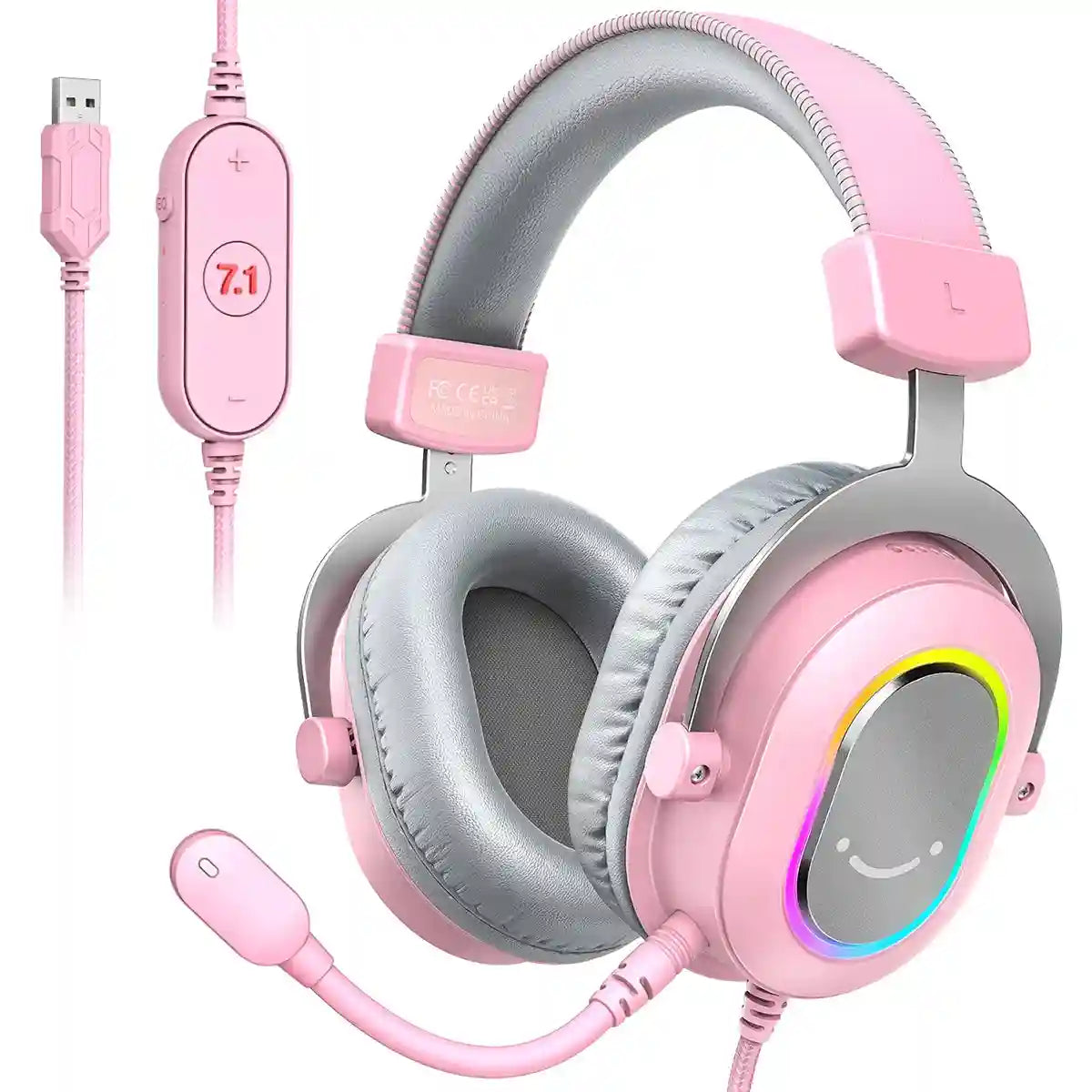 RGB Gaming Headset 7.1 Surround Sound - White Over-Ear Wired Headset Pink Tidesmit