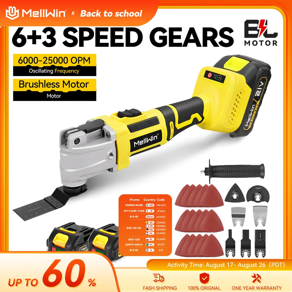 MELLWIN Brushless Oscillating Multi Function Tool Electric Saw Polisher Woodworking Cutting Tool For Makita 18V Battery Pin